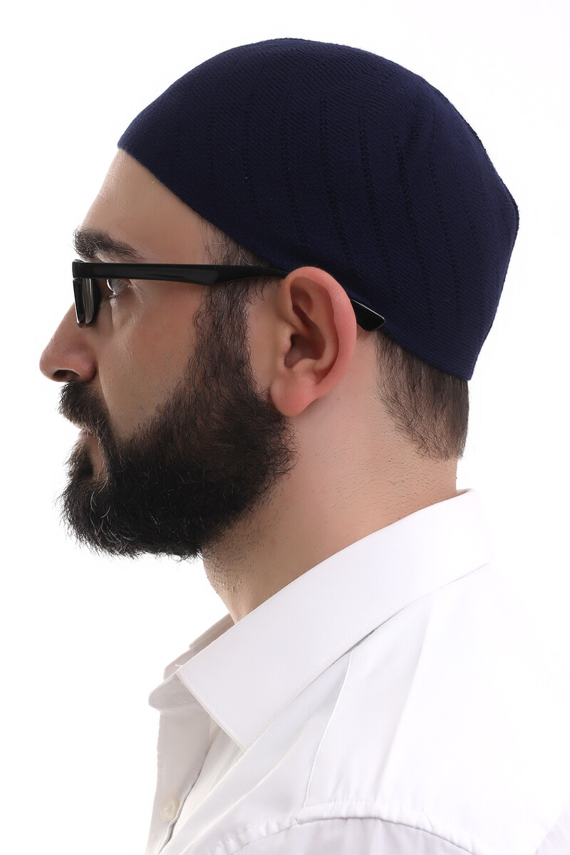 Navy Blue Winter Cross Patterned Woven Skullcap - 3