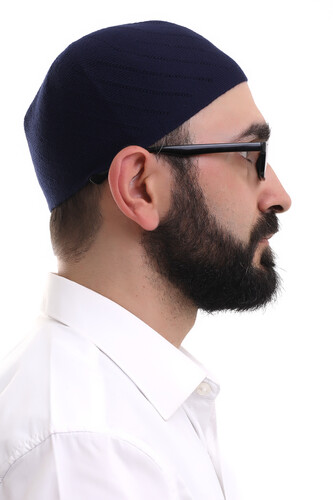 Navy Blue Winter Cross Patterned Woven Skullcap - 4