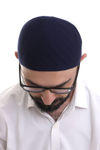 Navy Blue Winter Cross Patterned Woven Skullcap - 5