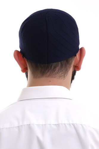 Navy Blue Winter Cross Patterned Woven Skullcap - 6