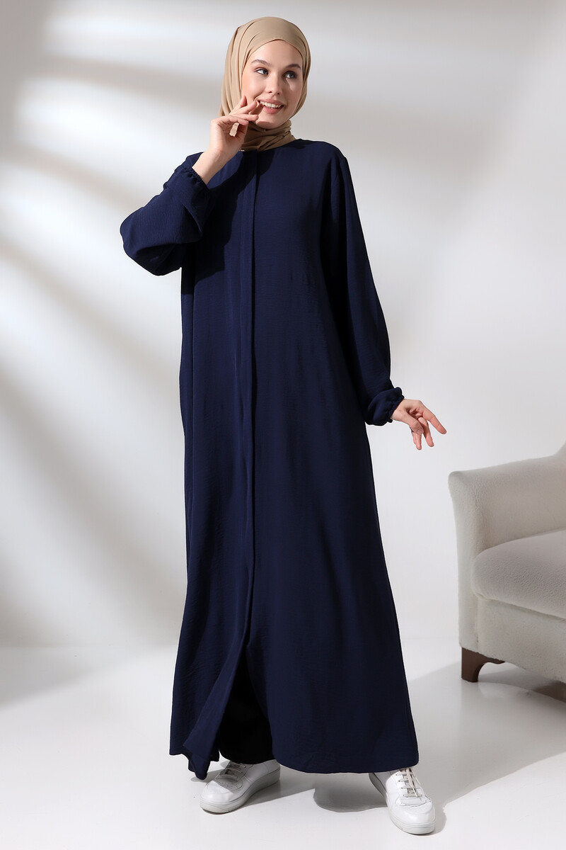 Navy Blue Women's Aerobin Hijab Abaya Dress with Hidden Zipper - 1