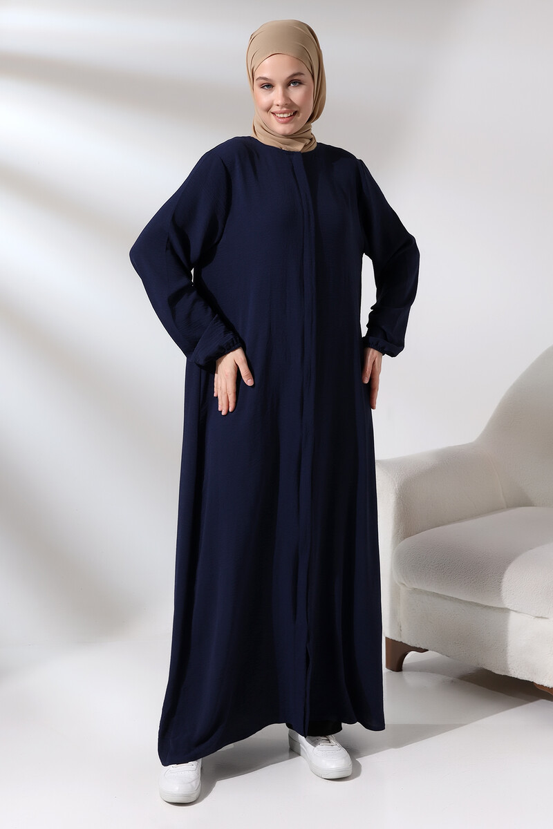 Navy Blue Women's Aerobin Hijab Abaya Dress with Hidden Zipper - 2