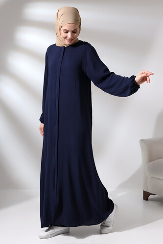 Navy Blue Women's Aerobin Hijab Abaya Dress with Hidden Zipper - 3