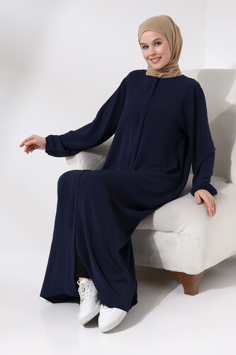 Navy Blue Women's Aerobin Hijab Abaya Dress with Hidden Zipper - 7