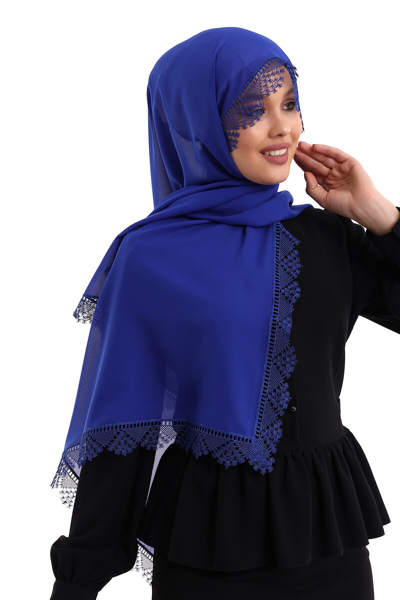 Needle Lace Lacy Scarf Demor Mevlüt Cover Blue - 2