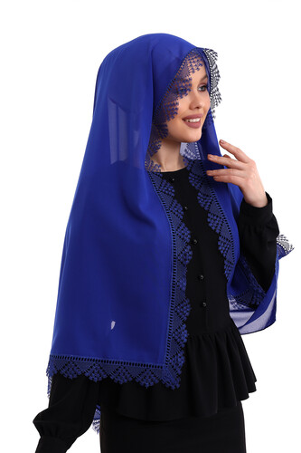 Needle Lace Lacy Scarf Demor Mevlüt Cover Blue - 5