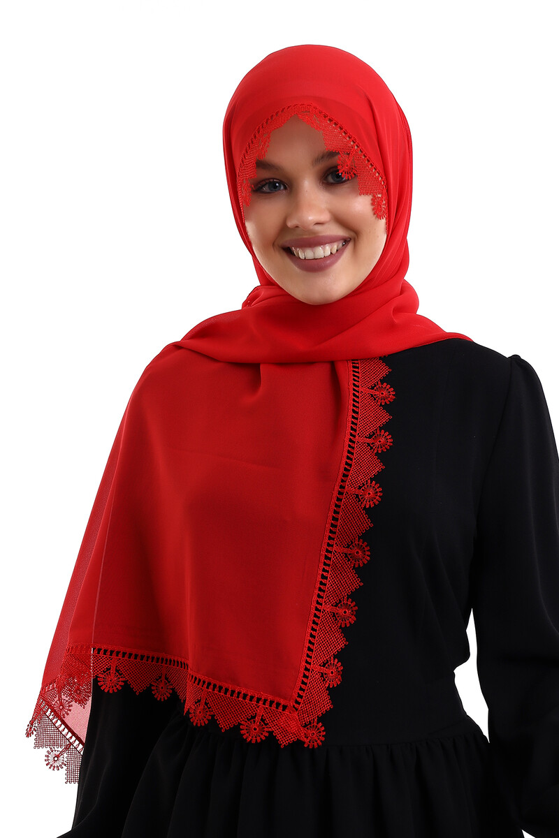 Needle Lace Lacy Scarf Demor Mevlüt Veil Red - 1