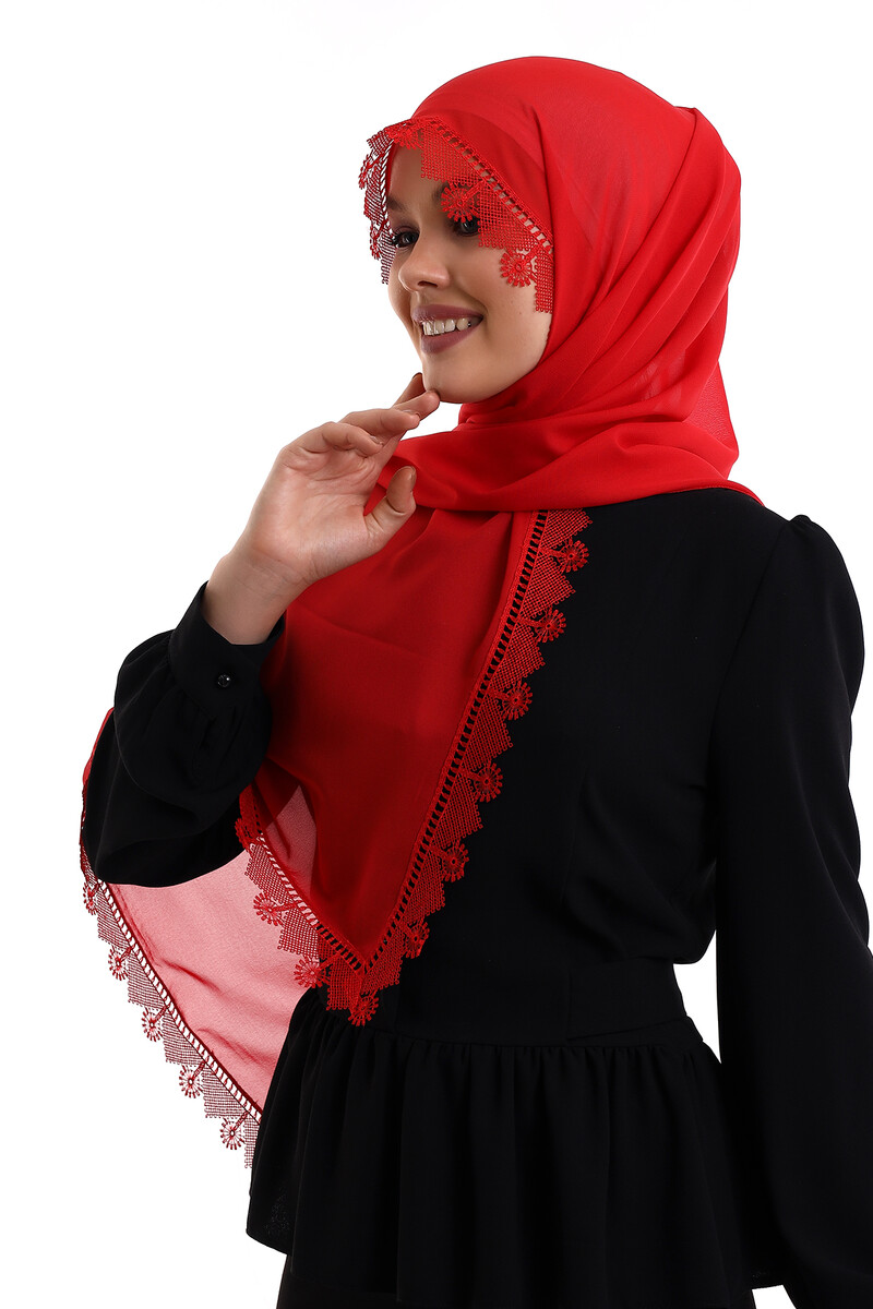 Needle Lace Lacy Scarf Demor Mevlüt Veil Red - 2