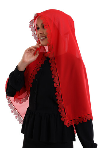 Needle Lace Lacy Scarf Demor Mevlüt Veil Red - 3