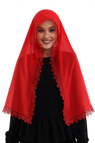 Needle Lace Lacy Scarf Demor Mevlüt Veil Red - 5