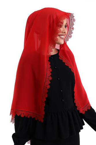 Needle Lace Lacy Scarf Demor Mevlüt Veil Red - 6