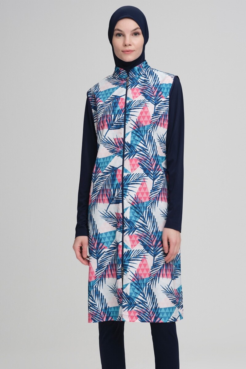 Nehar Palm Patterned Gilet Navy Blue Fully Covered Hijab Swimsuit - 2