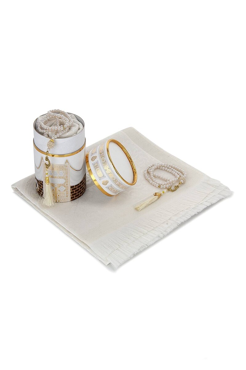 New Kabel Special Cylinder Boxed Prayer Rug Set White - 4