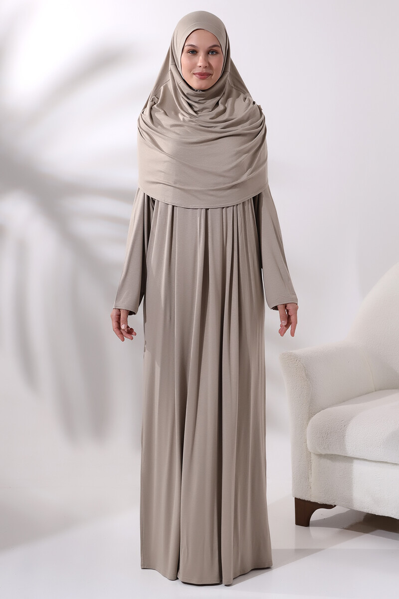 One Piece Practical Hijab and Robe Prayer Dress 8015 Beige - 1