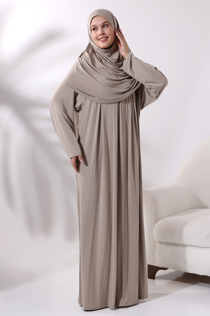 One Piece Practical Hijab and Robe Prayer Dress 8015 Beige - 2