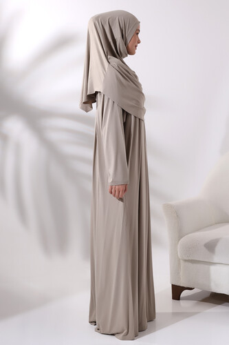 One Piece Practical Hijab and Robe Prayer Dress 8015 Beige - 3