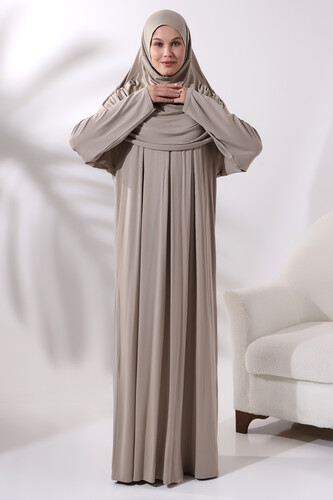 One Piece Practical Hijab and Robe Prayer Dress 8015 Beige - 4