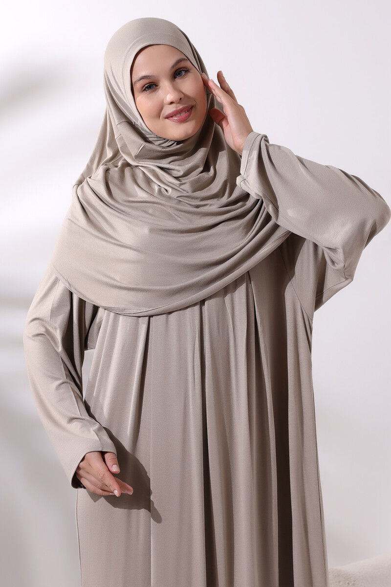 One Piece Practical Hijab and Robe Prayer Dress 8015 Beige - 5