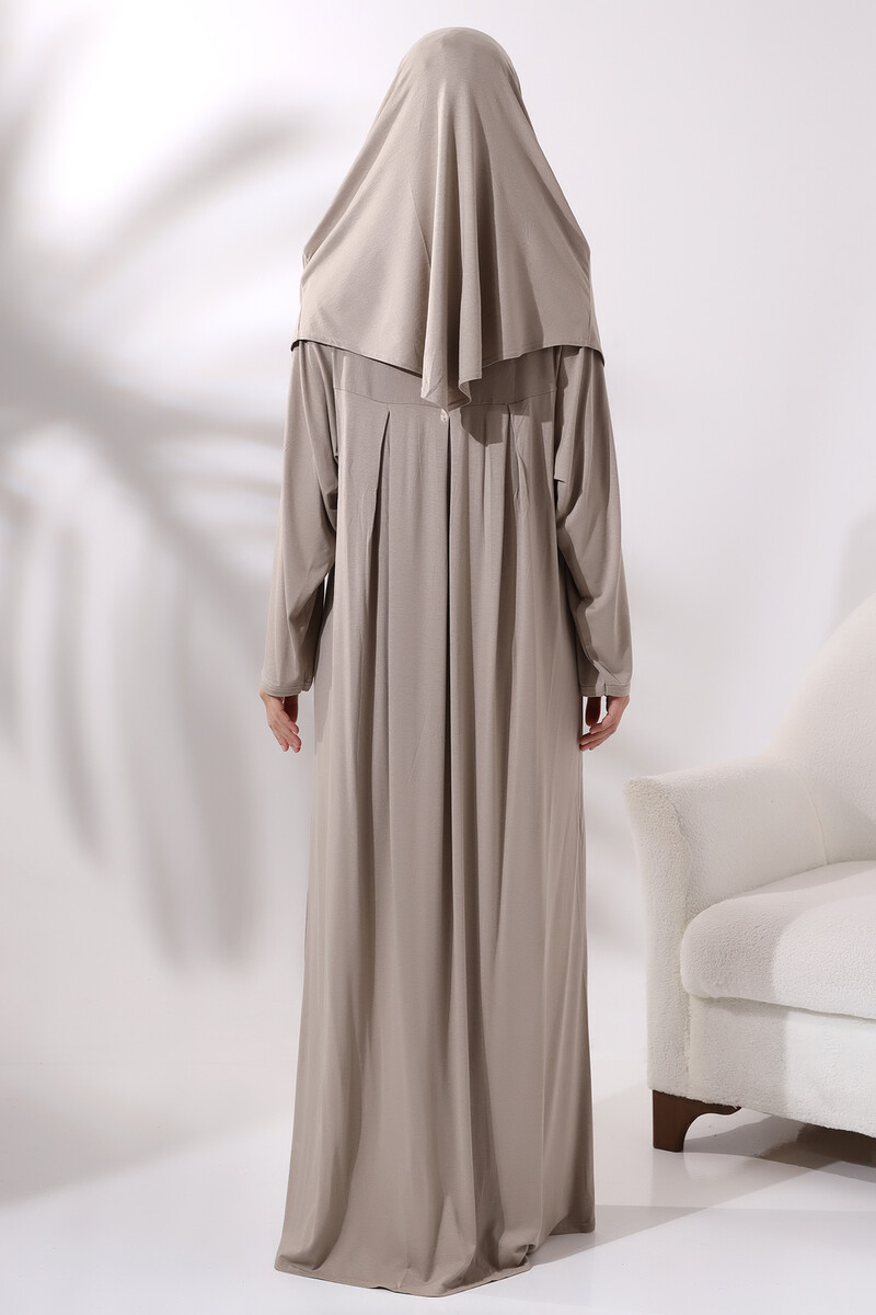 One Piece Practical Hijab and Robe Prayer Dress 8015 Beige - 6