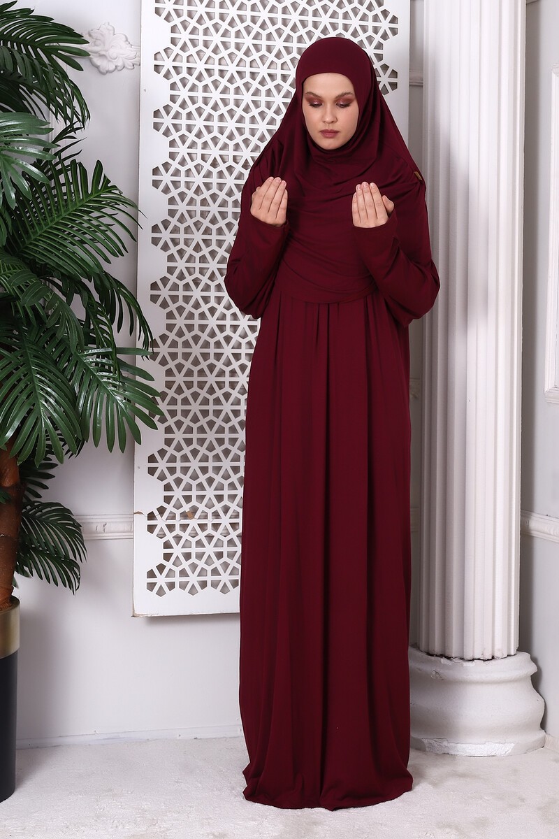 One Piece Practical Hijab and Robe Prayer Dress 8015 Claret Red - 2