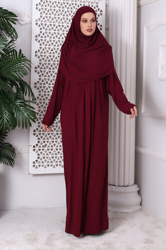 One Piece Practical Hijab and Robe Prayer Dress 8015 Claret Red - 3