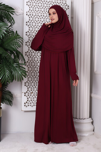 One Piece Practical Hijab and Robe Prayer Dress 8015 Claret Red - 4