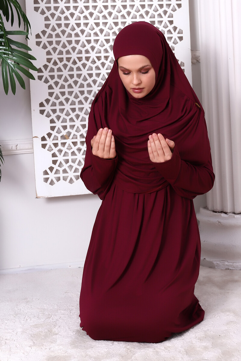 One Piece Practical Hijab and Robe Prayer Dress 8015 Claret Red - 5