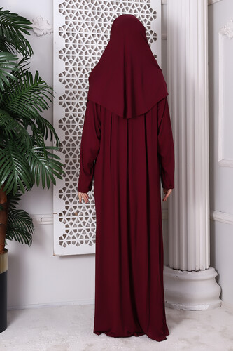 One Piece Practical Hijab and Robe Prayer Dress 8015 Claret Red - 6