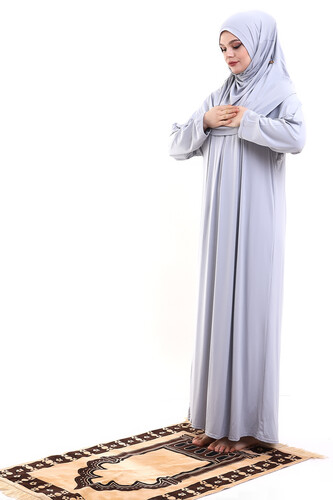 One Piece Practical Hijab and Robe Prayer Dress 8015 Gray - 5