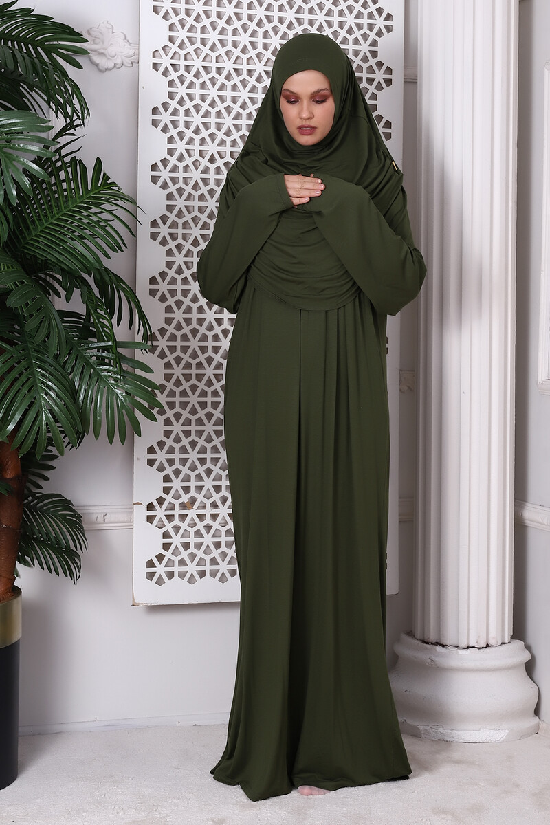 One Piece Practical Hijab and Robe Prayer Dress 8015 Khaki - 1