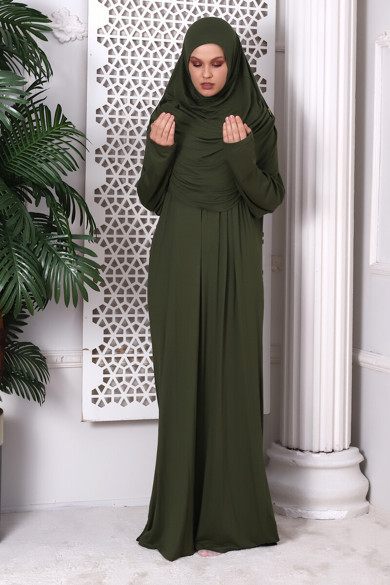 One Piece Practical Hijab and Robe Prayer Dress 8015 Khaki - 2