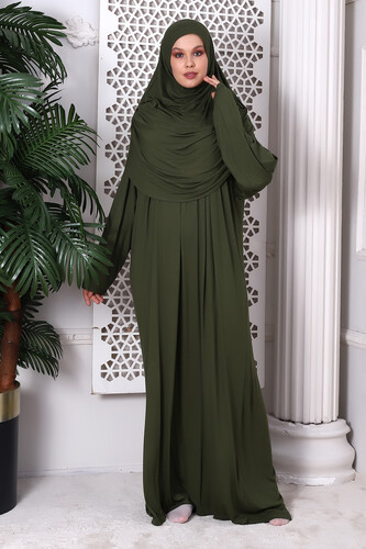 One Piece Practical Hijab and Robe Prayer Dress 8015 Khaki - 4