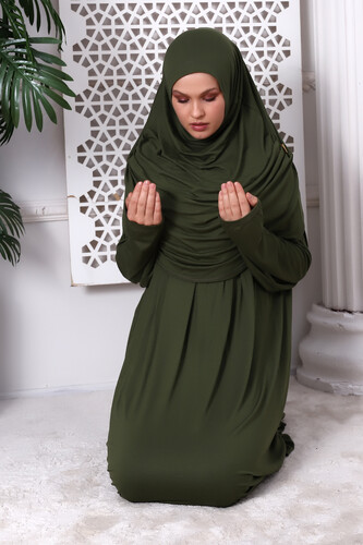 One Piece Practical Hijab and Robe Prayer Dress 8015 Khaki - 5