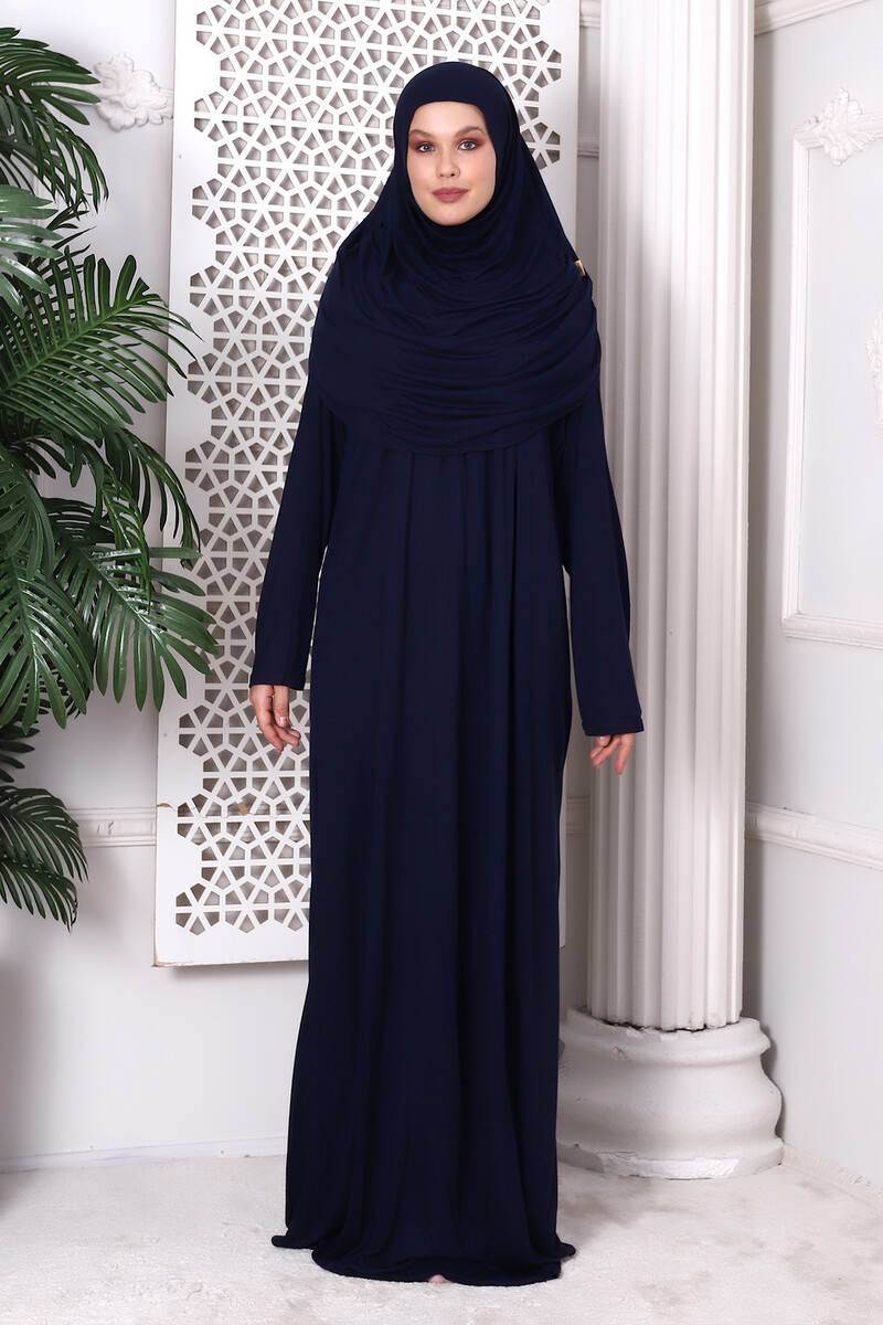 One Piece Practical Hijab and Robe Prayer Dress 8015 Navy Blue - 1