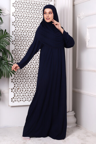 One Piece Practical Hijab and Robe Prayer Dress 8015 Navy Blue - 4