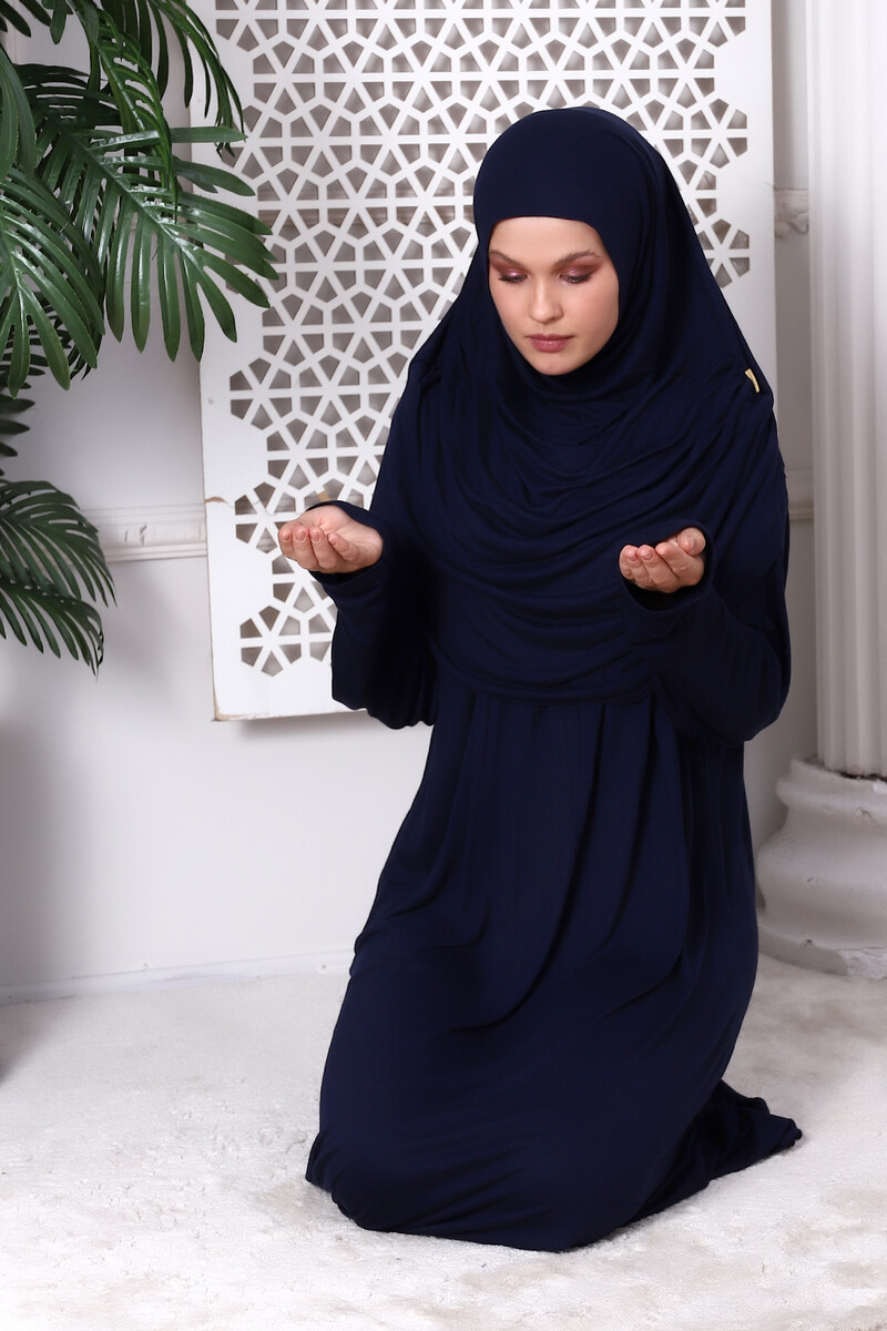 One Piece Practical Hijab and Robe Prayer Dress 8015 Navy Blue - 5