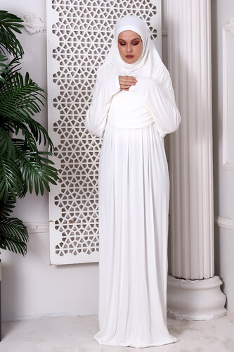 One Piece Practical Hijab and Robe Prayer Dress 8015 Off White - 1