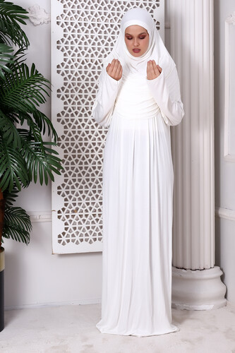 One Piece Practical Hijab and Robe Prayer Dress 8015 Off White - 2