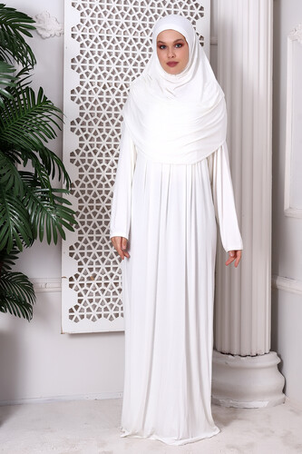 One Piece Practical Hijab and Robe Prayer Dress 8015 Off White - 3