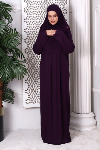 One Piece Practical Hijab and Robe Prayer Dress 8015 Plum - 1