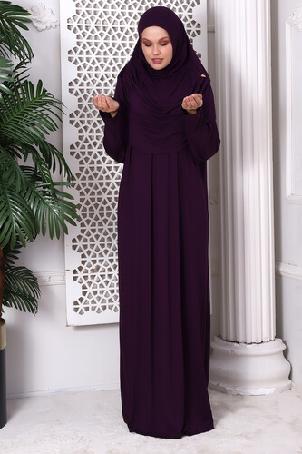 One Piece Practical Hijab and Robe Prayer Dress 8015 Plum - 2