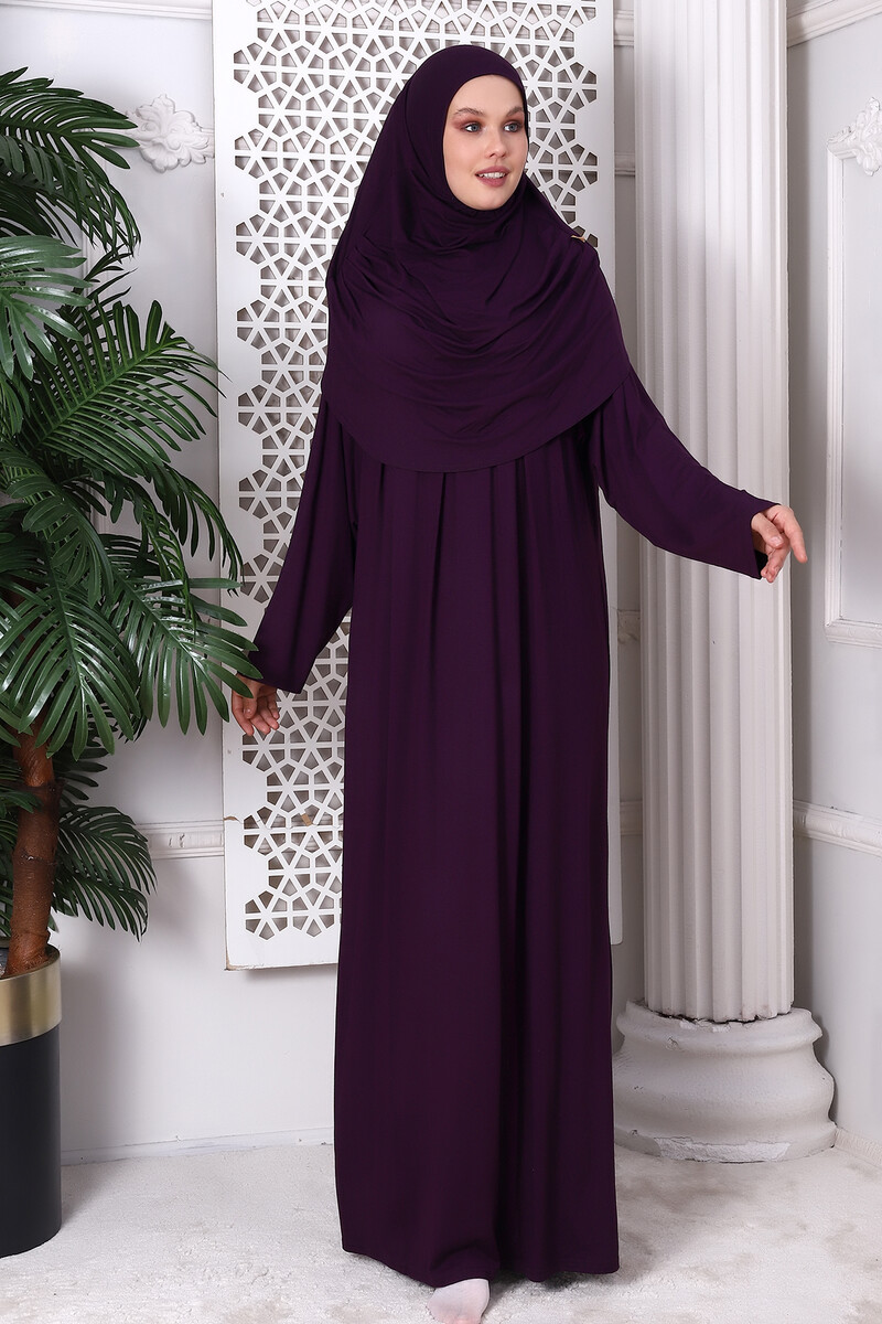 One Piece Practical Hijab and Robe Prayer Dress 8015 Plum - 3