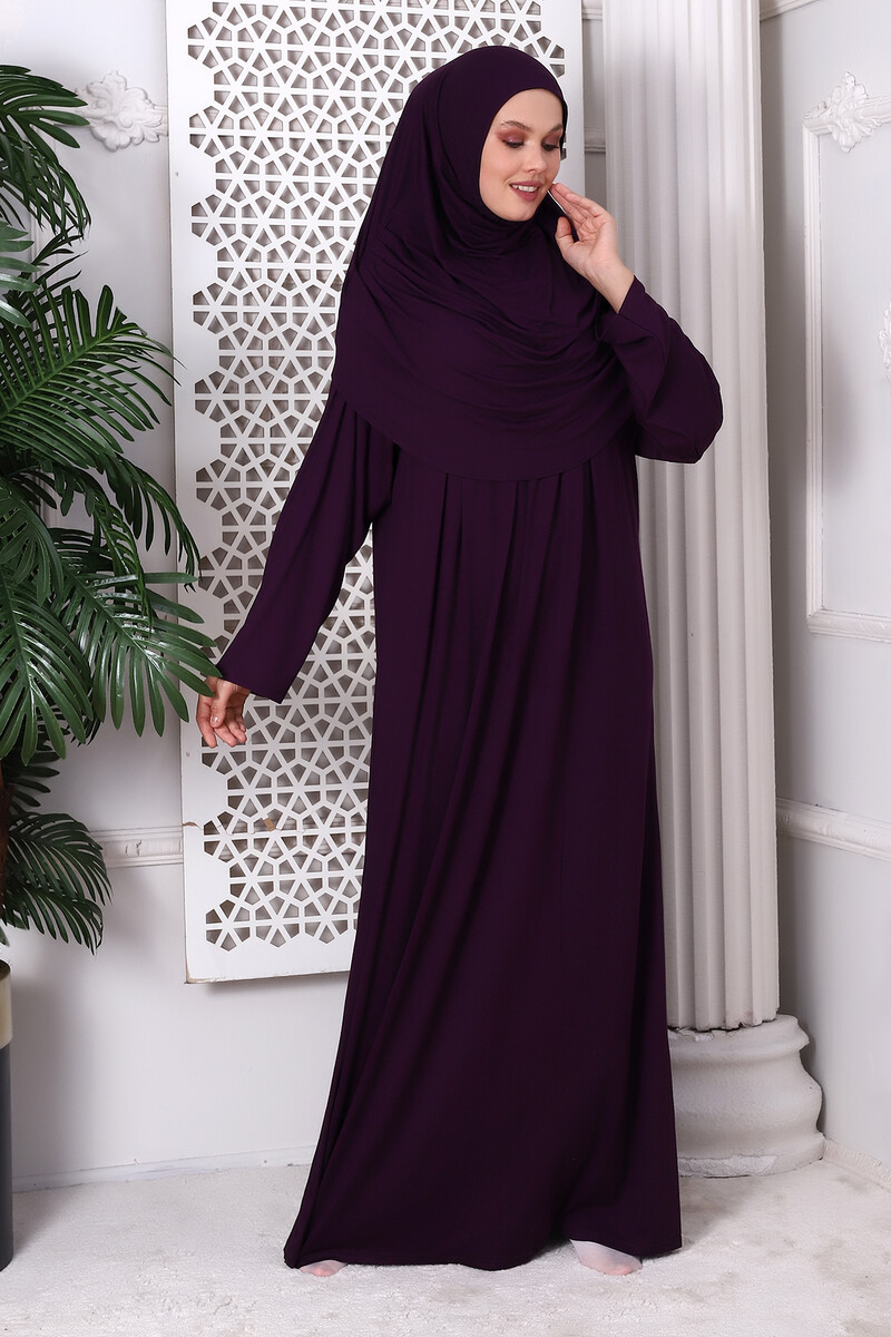 One Piece Practical Hijab and Robe Prayer Dress 8015 Plum - 4