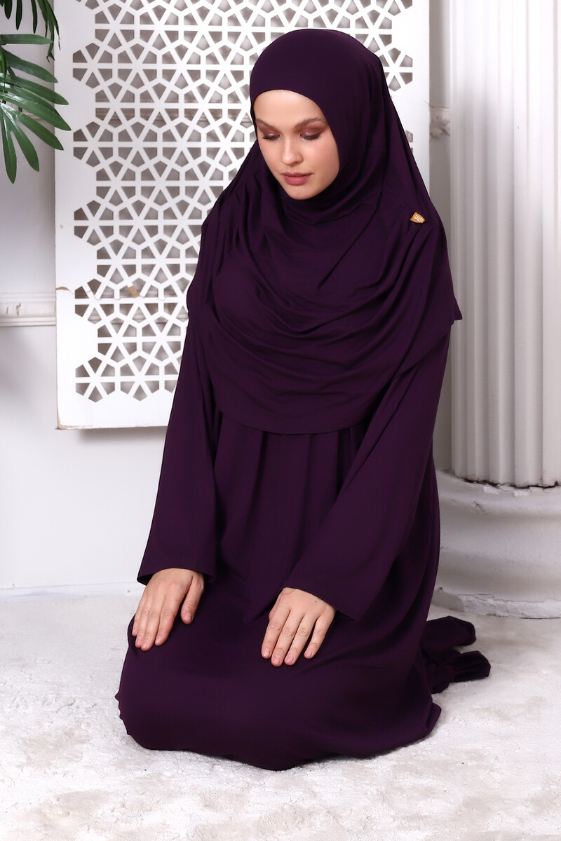 One Piece Practical Hijab and Robe Prayer Dress 8015 Plum - 5