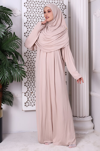 One Piece Practical Prayer Dress with Headscarf and Robe 8015 Beige - 4