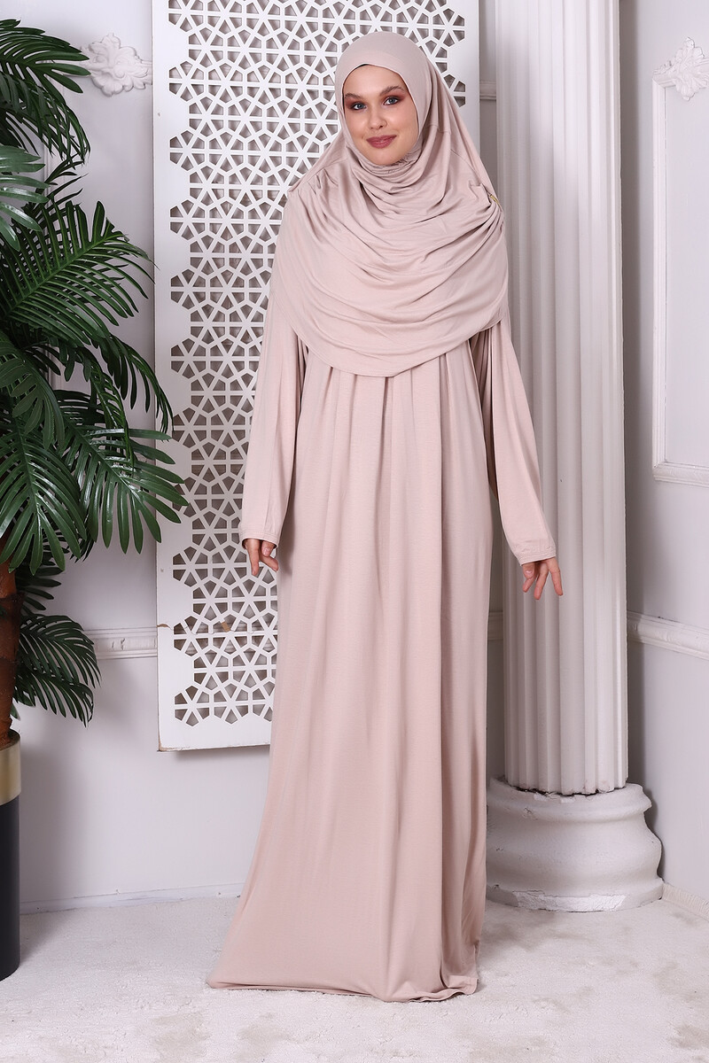 One Piece Practical Prayer Dress with Headscarf and Robe 8015 Beige - 3