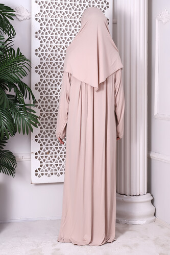 One Piece Practical Prayer Dress with Headscarf and Robe 8015 Beige - 6