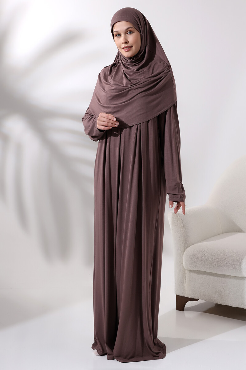 One Piece Practical Prayer Dress with Headscarf and Robe 8015 Milk Coffee - 1