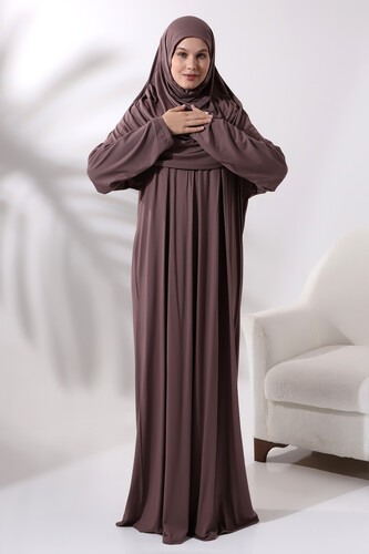 One Piece Practical Prayer Dress with Headscarf and Robe 8015 Milk Coffee - 3