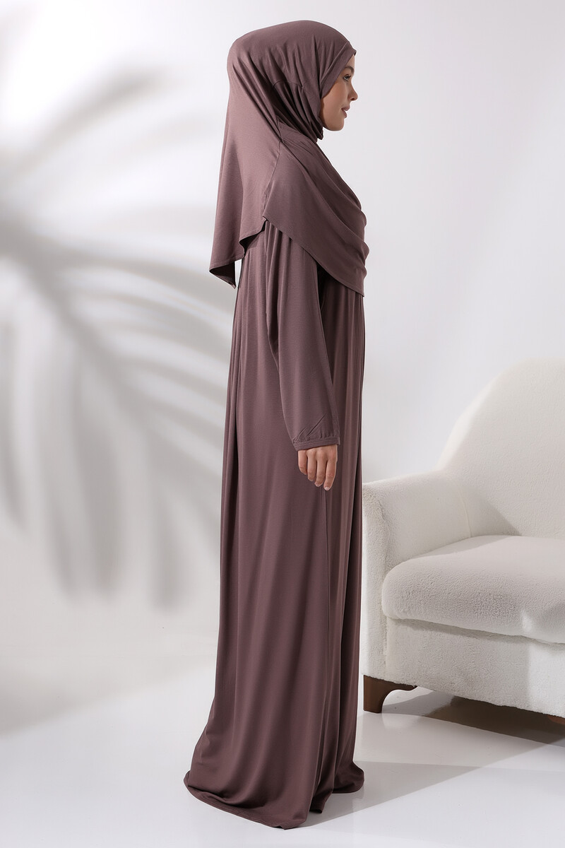 One Piece Practical Prayer Dress with Headscarf and Robe 8015 Milk Coffee - 5